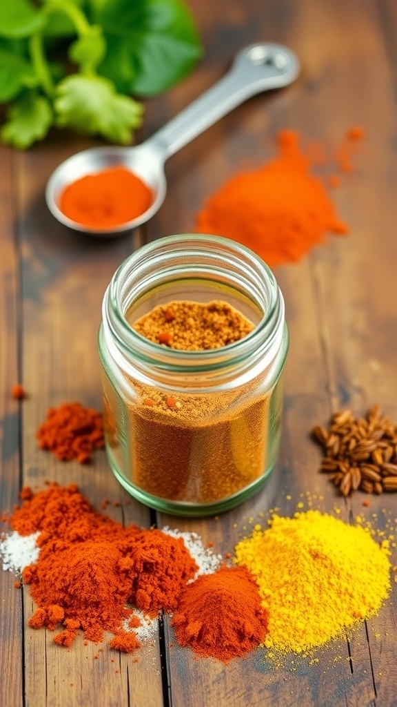 Homemade Taco Seasoning for 21 Day Fix Homemade taco seasoning in a jar with spices on a wooden table.